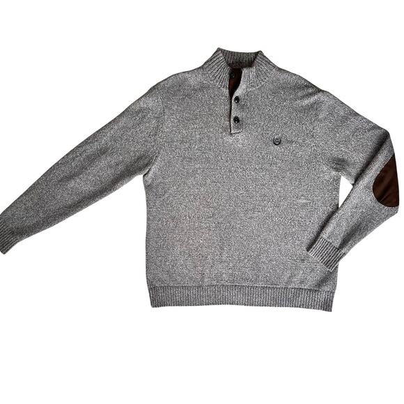 Chaps Henley Sweater Men's Large Gray Knit Pullover Ribbed Hem Elbow Patch Y2K - Picture 1 of 16